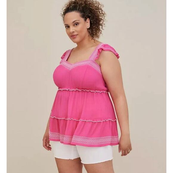 Torrid Embroidered Tiered Crinkle Gauze Babydoll Top Sz 1X Pink Boho Cottagecore - Picture 1 of 5